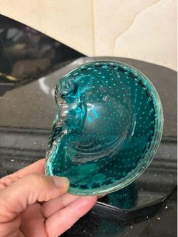 Art glass tray trinket dish countrolled bubble green