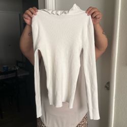 White Ribbed Turtleneck Long Sleeve Top