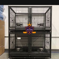 Double Stacked Dog Pet Cage Kennel Size 43 With Divider Trays And Bowls 