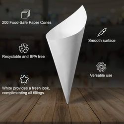 MONTX® 200-Pack Disposable Food Cones | 7"| White Food-Safe Paper Charcuterie Cones for Appetizers, Popcorn, Snacks, Confetti | Eco-Friendly Alternati