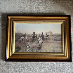 Framed English Fox Hunting Scene Print – Equestrian Country Art – Double Gold Frame – Rustic Decor