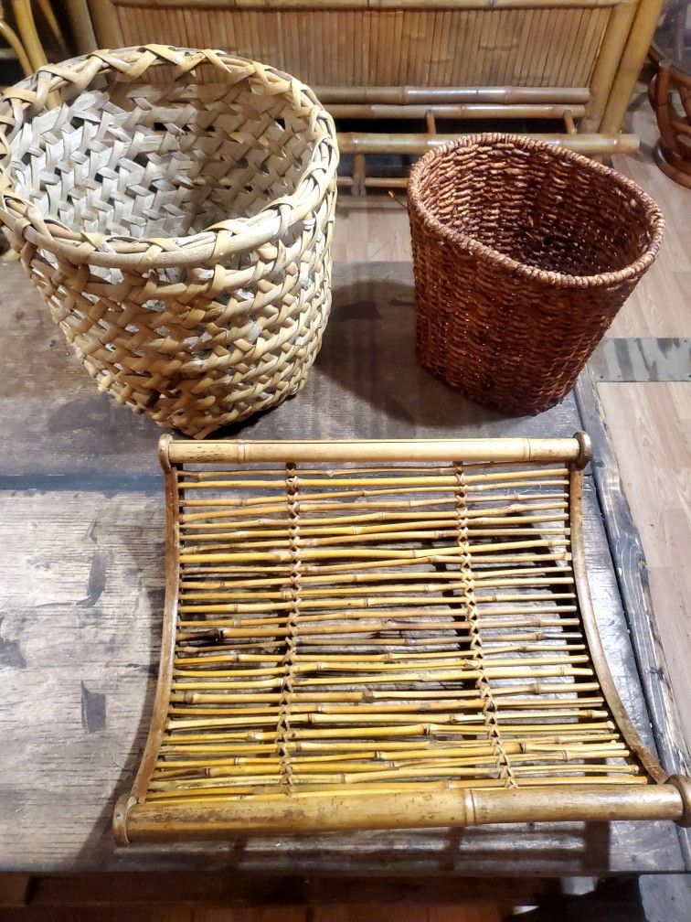 Magazine Rack, Couple Wicker Baskets.Potted Plant Holder