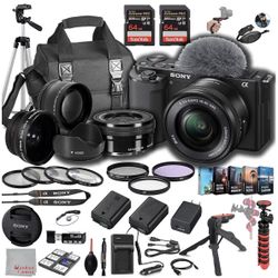 Sony ZV-E10 Mirrorless Camera with 16-50mm Lens, 128GB Extreem Speed Memory,.43 Wide Angle & 2X Lenses, Case. Tripod, Filters, Hood, Grip,Spare Batter