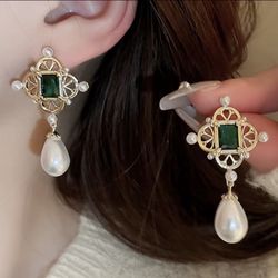 Gold Plated Geometric Zircon Flower Drop Pearl Retro Palace Earrings 
