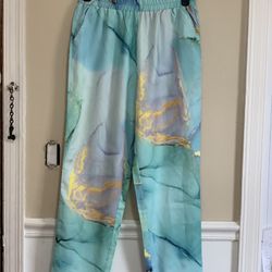 Women’s Pull-On Wide Leg Pants Blue Green Gold Marble Print Elastic Waist Size L