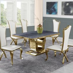 Chateau Collection 7 PCS Marble top dining table set-Stainless Steel- Available in 4 colors Now 3198.00 Free Delivery 🚚