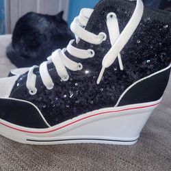 Women's Canvas High-Heeled Bling Shoes Casual Shoes Fashion Sparkling Sneakers for Walking Platform Wedges Pump Shoes

