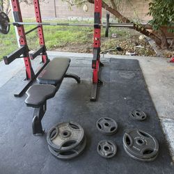 Weight Rack, Bench, Weights, And Bar