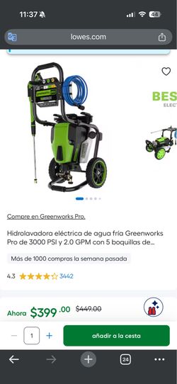 Greenworks 3000-PSI 2.0-GPM Cold Water Electric Pressure washer with 5 Spray Tips