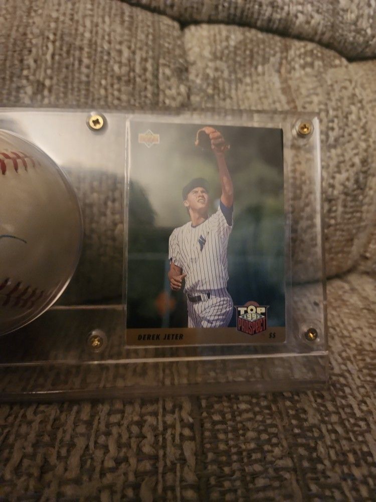 Derek Jeter Autographed Ball And Rookie Card