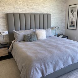 Custom Gray Leather Bed With Headboard 