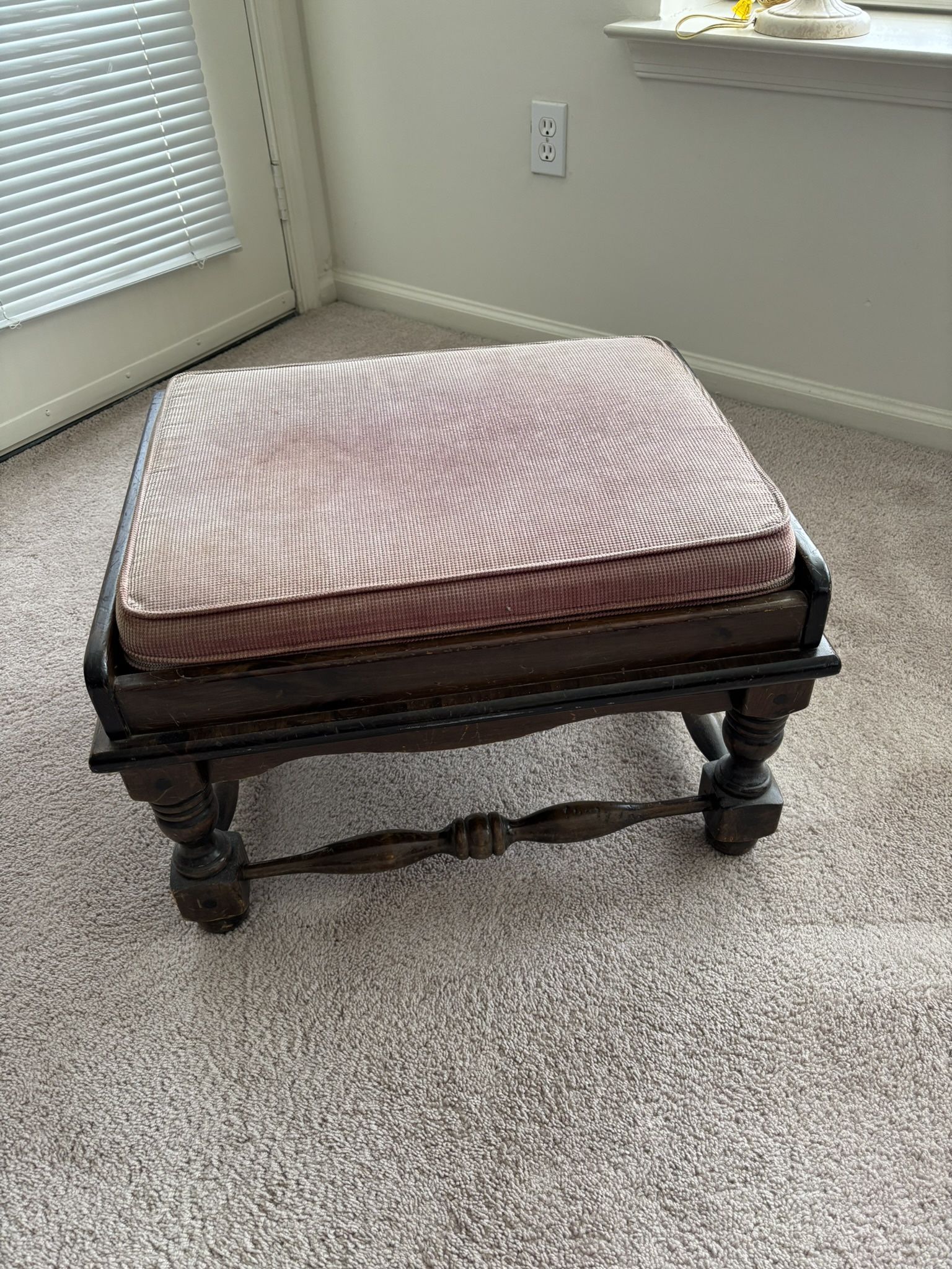 Antique Ottoman Hassock, solid wood with corduroy covered cushion, 25”W x 21”D x 16”H, good condition