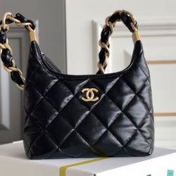 CHANEL 24A diamond check gold buckle leather chain sheepskin cross-body handbag women's black(195)29