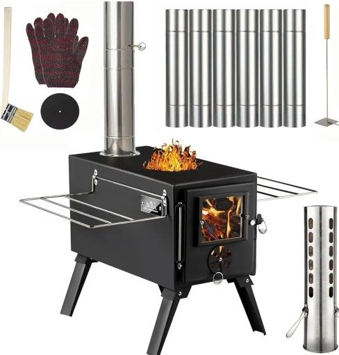Hot Tent Stove,AVOFOREST Wood Burning Stove,Small Wood Stove with 7 Stainless Chimney Pipes for Outdoor Heating & Cooking, Ice Fishing, Hunting