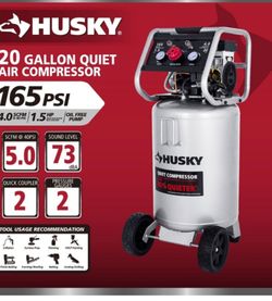 Husky
20 Gal.165 PSI Vertical Electric Oil-Free Quiet Auto/Workshop Air Compressor with Dual Gauges and 2-Quick Couplers