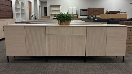 Set of 3, 3-in-1, 94.5”L Modern Fluted Sideboard Cabinet in a natural light wood finish, featuring 6 doors, a spacious center drawer, adjustable inter