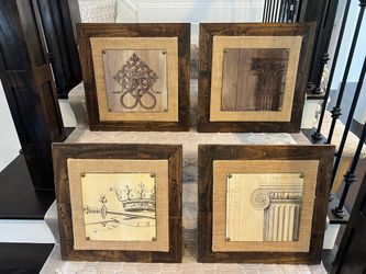 Set of 4 Rustic Wood Framed/Burlap Matted Art—Great Condition Architectural elements 21 x 21 Smoke free household