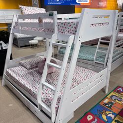 Twin/Full White Bunk bed w. Drawers & Ortho Mattresses Included 