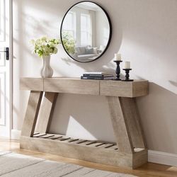 60" Modern Entryway Table with Drawer, Console Table, Heavy Duty Base - Light Rustic Oak