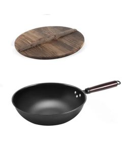 Carbon Steel Wok Pan with Wooden Lid No Chemical Coated Flat Bottom Chinese Woks