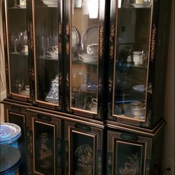 1960 Antique Black Lacquer Chinoiserie China Cabinet