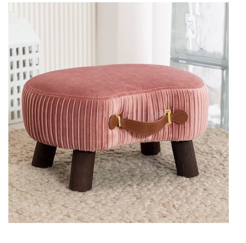 LUE BONA Small Curved Foot Stool with Handle, Pink Velvet Footstool and Ottomans, Modern Foot Rest with Wooden Legs, Step Stool with Padded Seat for C