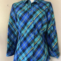 Dana Buchman Green Blue Plaid Silk Button Down Shirt Blouse 3/4 Sleeve Womens 12