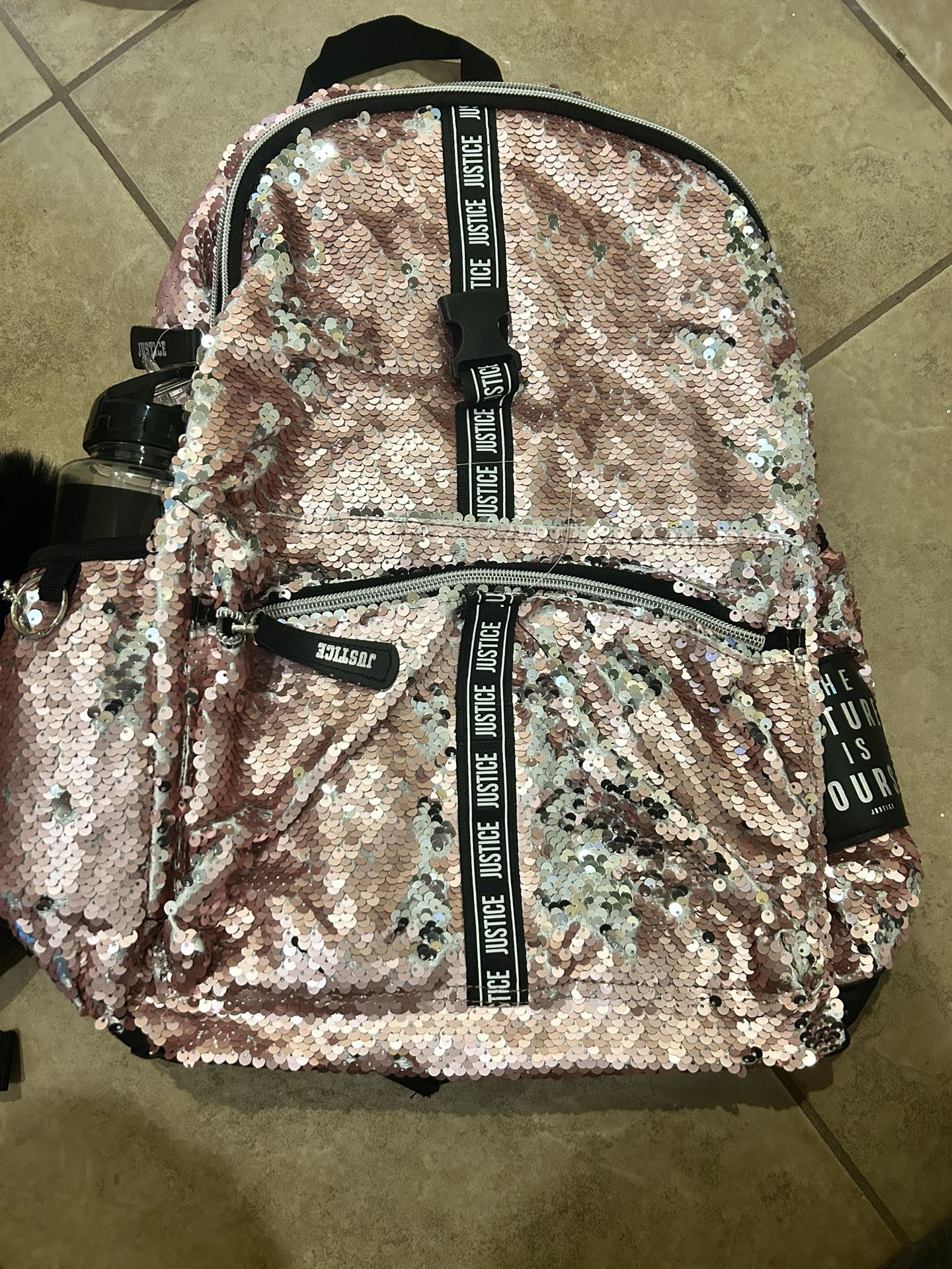 Backpack food case bottle and keychain justice pink sparkle 