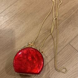 Red shiny mini clutch with golden chain