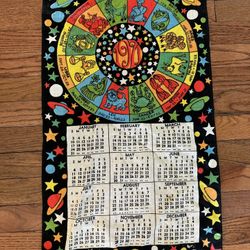 Vintage 1971 Linen Zodiac Calendar Tea  Towel  Astrological Signs