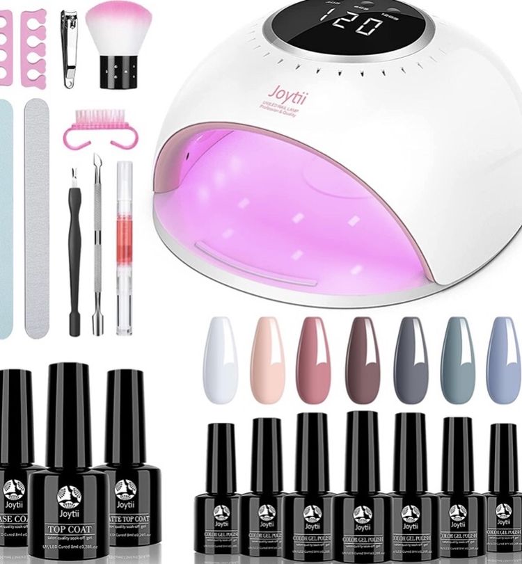 Joytii Gel Nail Polish Kit with UV Light - 82W UV LED Nail Lamp, Gel Nail Polish Set with No Wipe Glossy Top and Base Coat, 7 Colors Soak Off Gel Poli