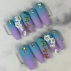 Purple blue ombré long coffin press on nails rhinestones