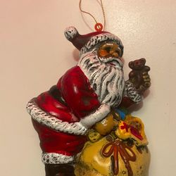 Vintage Blow Mold Christmas Tree Hanging Ornament Plastic Santa with Toy Bag