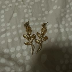 Gold Plated Rose Flower Dangly Earrings 