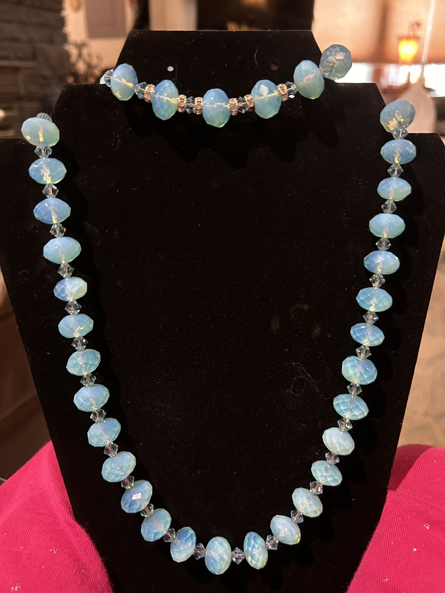 Handmade Light Blue Glass Beads With Genuine Swarovski Crystals And Silver  Necklace And Bracelet