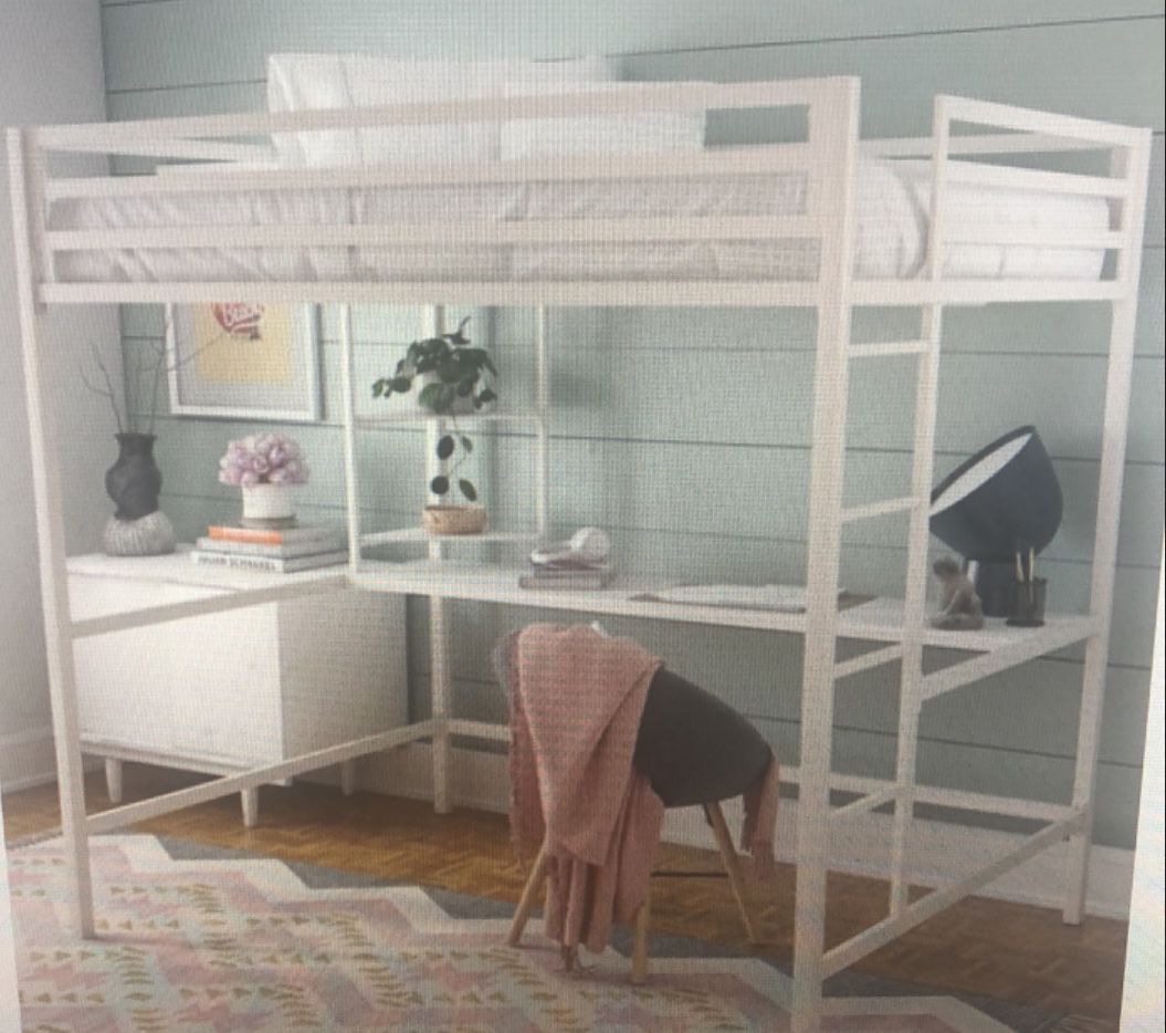 White Full Size Loft Bed with Desk & Shelves 