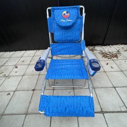 Tommy Bahama 4-Position Face-Opening Read Through Lounger with Ottoman, Portable Folding Beach Chair, Blue