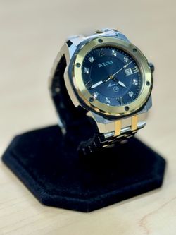 BULOVA MARINE STAR TWO-TONE BLACK DIAL DIAMOND ACCENTS STAINLESS STEEL WATCH MODEL 98D175 USED