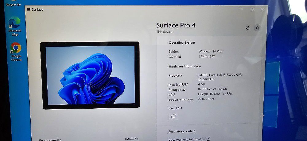 Microsoft Surface 4 Pro 4GB RAM, 118GB SSD Windows 10, NEEDS BATTERY