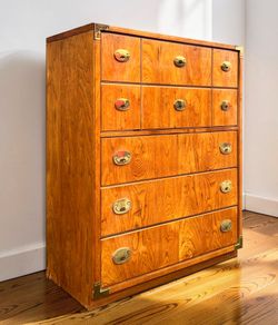Mid Century Thomasville Campaign Highboy Dresser – Brass Hardware - Delivery Available