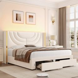 Full Size LED Bed Frame with 2 Drawer Storage, Wingback Platform Bed with Velvet Upholstered Headboard, Off-White