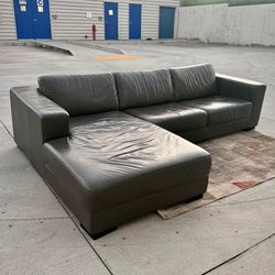 Dark Gray Leather Sectional Sofa with Left Chaise Lounge