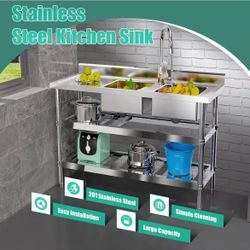 🟢 Stainless Steel Utility Sink with Drawable Hot & Cold Water Faucet