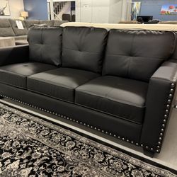 Black Faux Leather Sofa – Modern 3 Seater with Nailhead Trim
