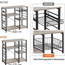 4-Tier Baker's Rack with Power Outlet, Microwave Stand Coffee Bar with Wire Basket and 6 S-Shaped Hooks, Durable Kitchen Storage Shelf Ample Storage K