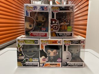 Funko POP Bundle - Coach Beard, Hugsy the Penguin, Harlequin Demon, Vegeta, Alfred Hitchcock
