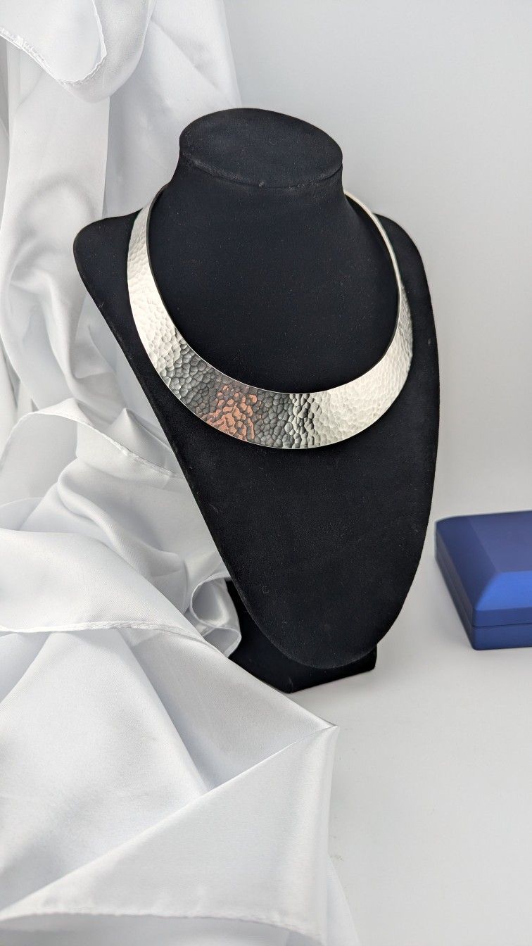 93.1 Hand Hammered Sterling Silver Torc Collar Necklace
