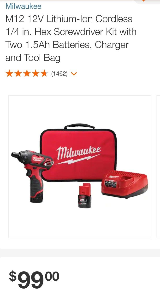 Milwaukee
M12 12V Lithium-Ion Cordless 1/4 in. Hex Screwdriver Kit with Two 1.5Ah Batteries, Charger and Tool Bag