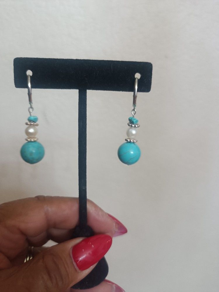 Turquoise And Pearl Hand Made Earrings