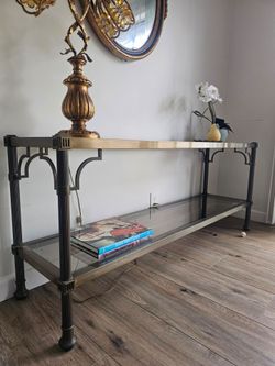 Vintage 1970s Mid-Century Modern Brass & Glass Console Table